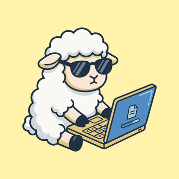 Adorable sheep in cool sunglasses busily typing on a laptop, a cute and humorous illustration for technology and animal themes