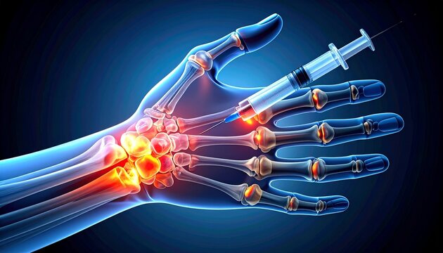 Digital illustration of transparent hand and wrist bones with inflamed joints highlighted, syringe injecting treatment, symbolizing medical intervention.