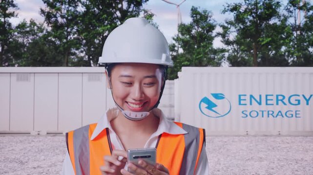 Front View of Asian Female Engineer Use Smartphone While Walking with Battery Energy Storage System Containers with Wind Turbines