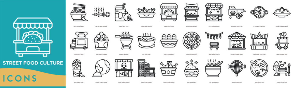 Street Food Culture icon set. Spicy Noodle Bowl, Grilled Meat Skewers, Fresh Fruit Juice, Crispy Fried Snacks, Street Taco Stand, Asian Street Market, Local Food Festival and Authentic Food Cart