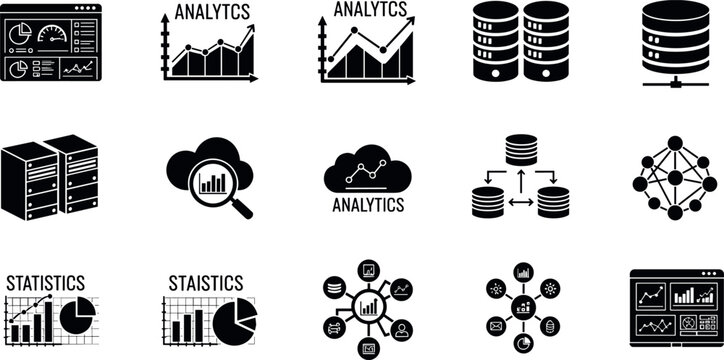 Data analytics icon set solid glyph vector collection statistics charts database dashboard business intelligence symbols for web UI design