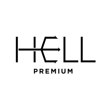 HELL PREMIUM modern wordmark logo design with stylized trident arrow letter E, bold minimalist typography concept