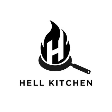 Fiery Frying Pan with Letter H Logo for Hell Kitchen Brand Concept