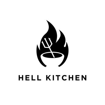 Hell Kitchen Logo with Fiery Bowl and Devil's Trident Restaurant Branding