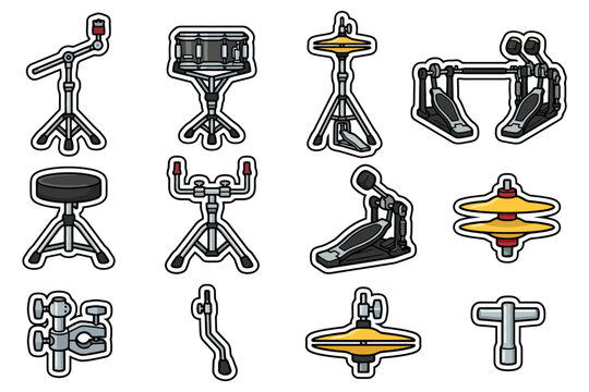 Set of drum hardware: stands, pedals, and cymbal holders.