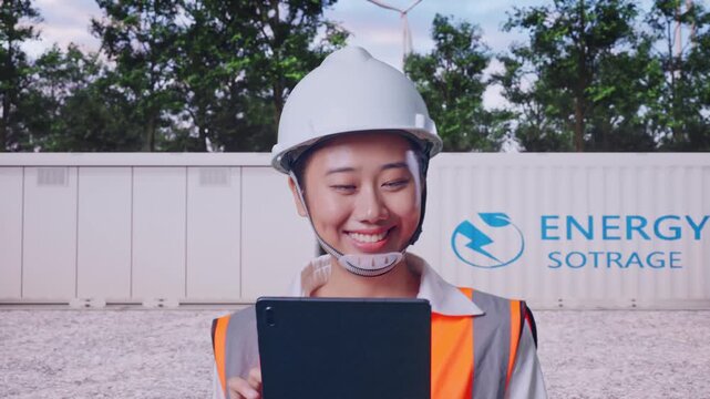 Front View of Asian Female Engineer Use Tablet While Walking with Battery Energy Storage System Containers with Wind Turbines