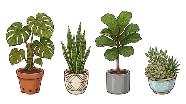 vector hand drawn houseplants potted indoor plants set with monstera snake plant fiddle leaf and succulent