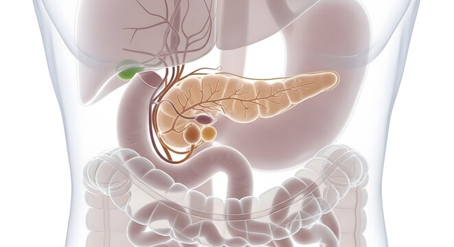 Detailed 3D medical illustration of the human pancreas, gallbladder, and surrounding digestive organs within the upper abdomen.