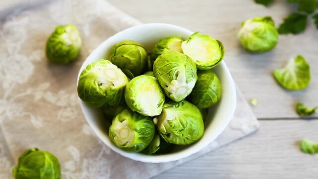 fresh brussels sprouts composition with copy space on green background