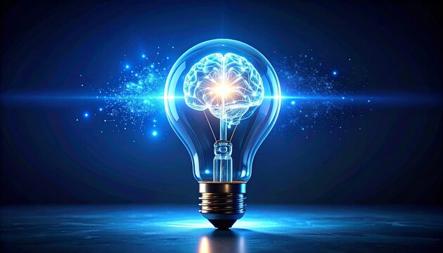 Futuristic glowing light bulb with digital brain inside, symbolizing artificial intelligence, innovation, data transfer, and smart technology.