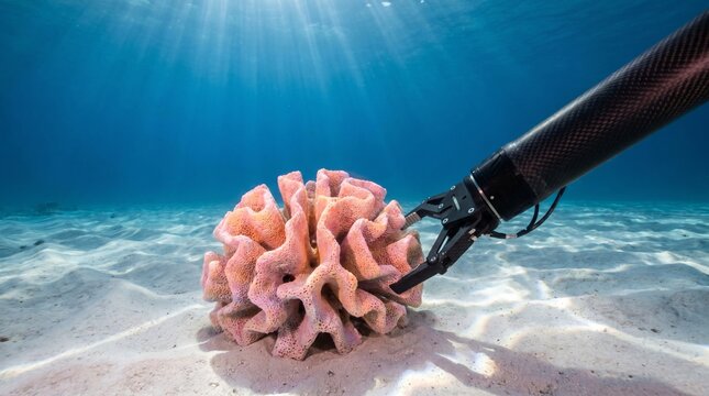 Brazo rob&oacute;tico submarino instalando coral bio-impreso en arena blanca