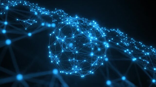 Abstract Blue Glowing Plexus Sphere Rotating in Connected Data Network Animation for Technology Background