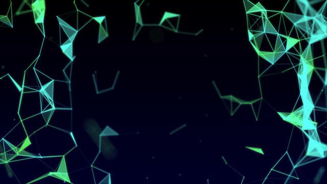 光る三角形のネットワークアニメーション　シームレス　ループ　背景　動画素材　緑　中心から散らばる動き