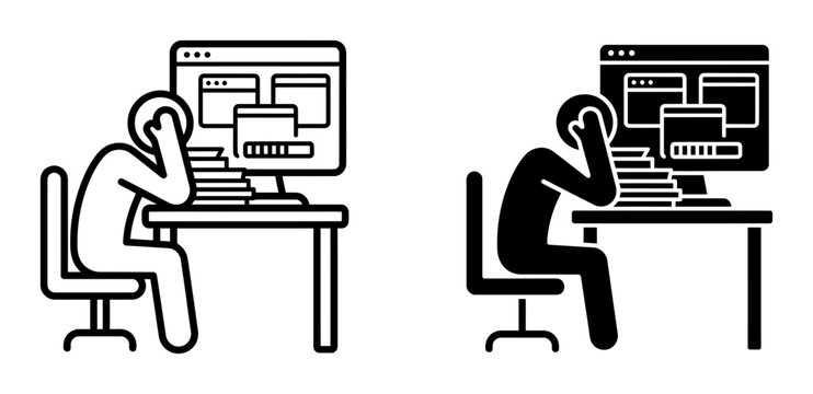 1 Overwhelmed worker silhouette icons, person stressed at computer desk, solid black style, business concept