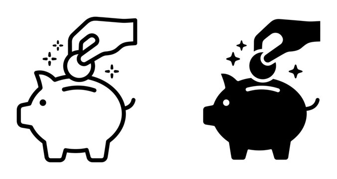 Saving money silhouette icons, hand putting coin into piggy bank, solid black style, financial management concept