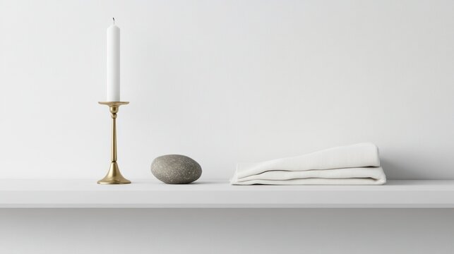 Simple candle, stone, and linen on white shelf