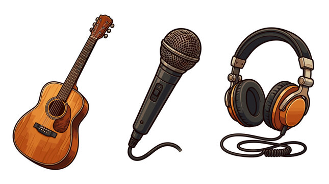 vector hand drawn music gear set with acoustic guitar dynamic microphone and studio headphones musician