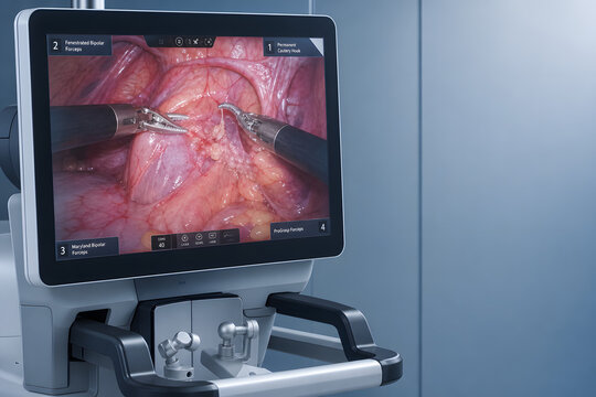 Robotic surgery console displaying magnified surgical anatomy