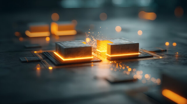 photography of a digital interface showing a successful API handshake between two code blocks. Glowing geometric shapes and lines of luminous text float in a dark void. The light from the connection 