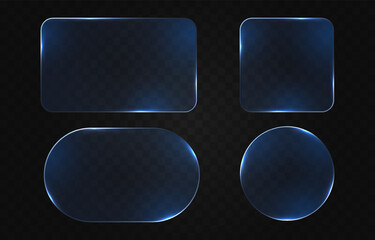 Fototapeta premium Set of blue glass frames with glowing borders. Glass PNG. Glass panels of different shapes with neon frames.
