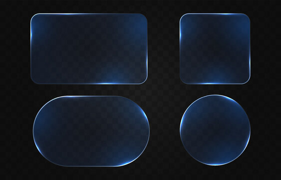 Set of blue glass frames with glowing borders. Glass PNG. Glass panels of different shapes with neon frames.