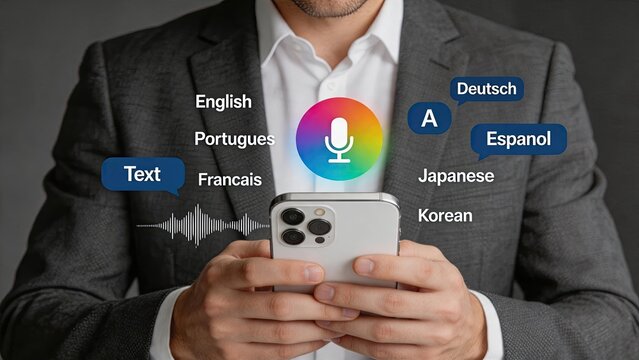 Man in suit using smartphone translation app with voice recognition, global communication technology, multi-language support interface, digital assistant features for