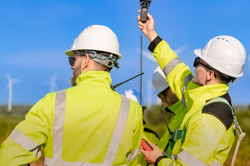 Fototapeta premium A team of engineers in high visibility safety gear stand together at a wind farm, conducting inspections and discussing renewable energy projects. Wind turbines surround them under a clear sky.