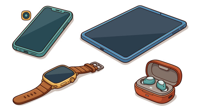 vector hand drawn modern technology gadgets set with smartphone tablet smartwatch and wireless bluetooth earbuds case