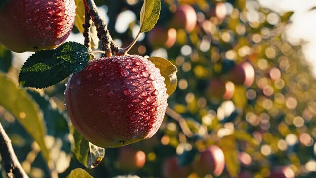 4k cinematic shot an autumn apple orchard canopy hanging from twig against soft bokeh background.