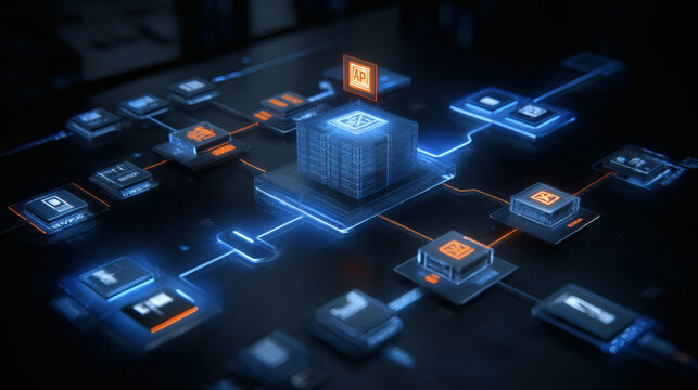 detail digital network visualizing API communication between systems with glowing connections and data nodes, dark background with subtle gradients, cinematic depth and modern minimal composition 