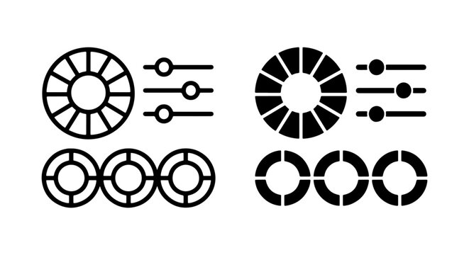 Minimalist color wheel icons, black slider control symbols, vector graphic design elements set
