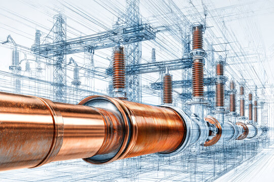A group of copper transformers stands connected in an electrical substation. Power lines stretch above, showing the infrastructure in an urban setting during the day
