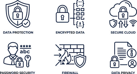 Fototapeta premium Cybersecurity and data protection line icon set with firewall and encrypted data vector