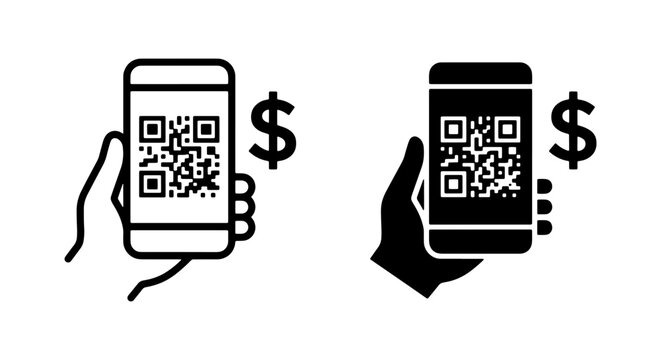 Mobile QR code payment icon set, hand holding smartphone with dollar sign, digital wallet vector