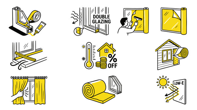 Home Window Insulation and Energy Efficiency Icon Set for Weatherproofing