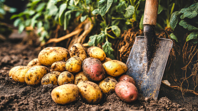 Farmers gather fresh potatoes from the ground using a shovel while working in the garden during a sunny late afternoon in early autumn