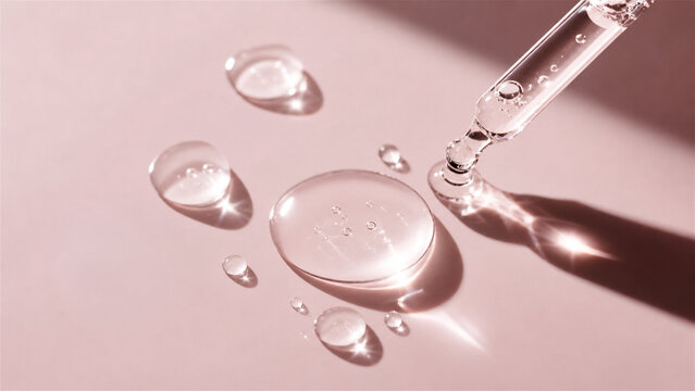 cosmetic serum dripping from glass pipette onto pink surface. Skin care liquid drops with bubble reflecting light. Concept of beauty routine, hydration, luxury facial oil application