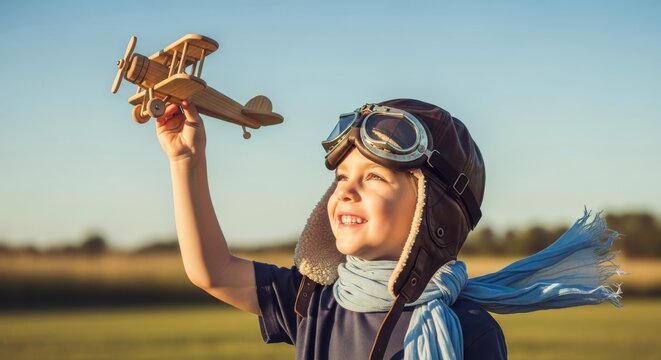 Happy Little Boy in Vintage Aviator Hat Playing with Wooden Toy Airpla