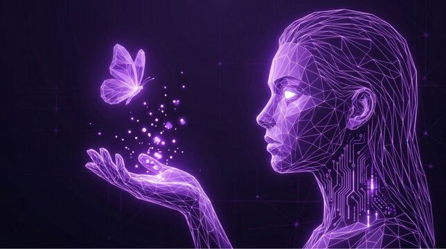 Artificial intelligence woman holding digital butterfly glowing wireframe background. Future technology concept with cybernetic female side profile and neon butterfly. Abstract low poly humanoid robot