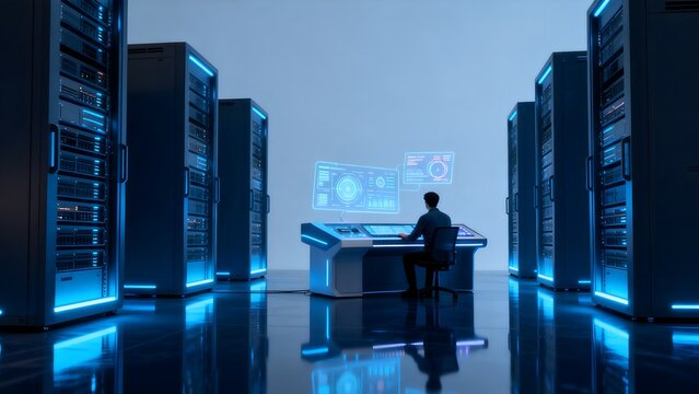 Person working in server room with holographic display