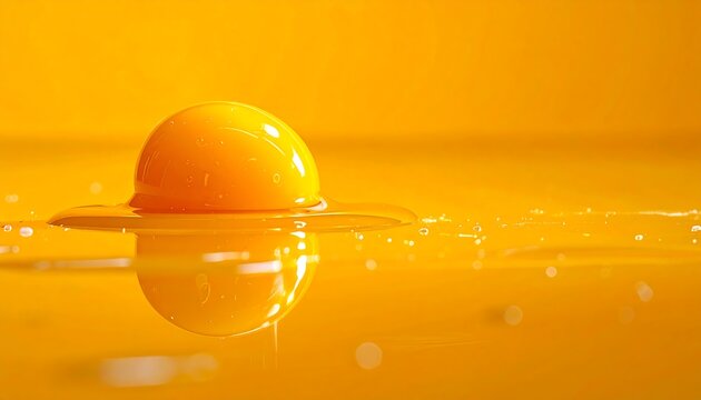 Glossy egg yolk close up with smooth liquid texture and vibrant yellow minimal background