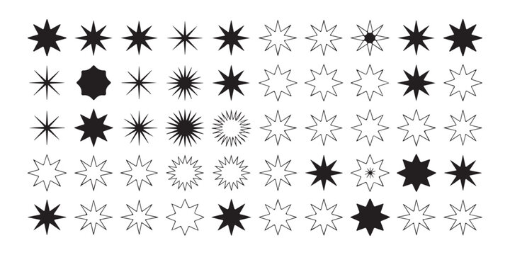 Mega set of starburst and sparkle silhouettes featuring solid and outline styles for marketing advertisement.