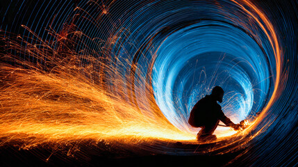 Fototapeta premium A person creates light art by spinning a metal object that produces bright sparks, set in a circular tunnel at night with blue background