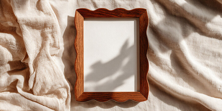 Empty Wooden Picture Frame on White Bed Sheet Etsy Mockup