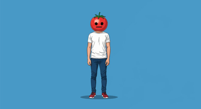 Full body vector illustration of a man wearing a large red tomato head mask with a neutral minimalist face, dressed in a white t-shirt, blue denim jeans, and red sneakers on blue.