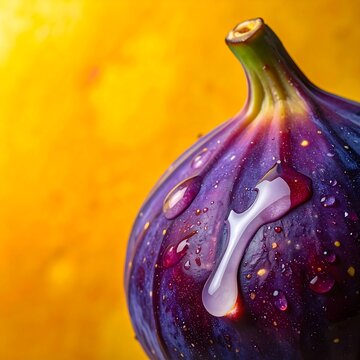 Extreme close-up of a single fresh purple fig with water droplets against a vibrant yellow background