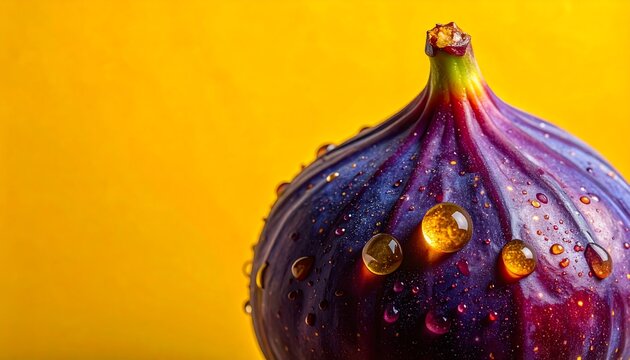 Fresh purple fig with water droplets on bright yellow background