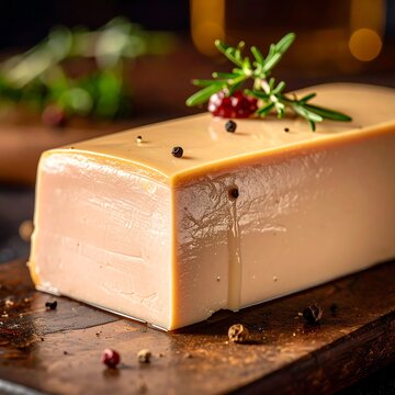 Close-up of a thick slice of smoked pork belly or baked fatback with rosemary and peppercorns on a dark glossy surface