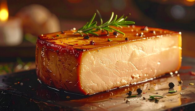 Close-up of a thick slice of smoked pork belly or baked fatback with rosemary and peppercorns on a dark glossy surface
