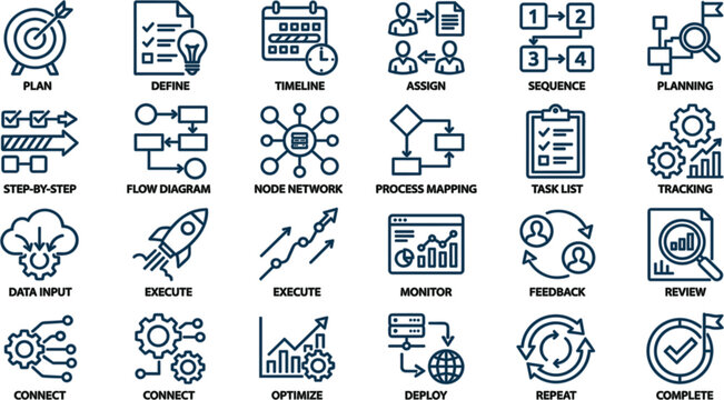 Project management and workflow optimization line icon set for business process and task tracking vector
